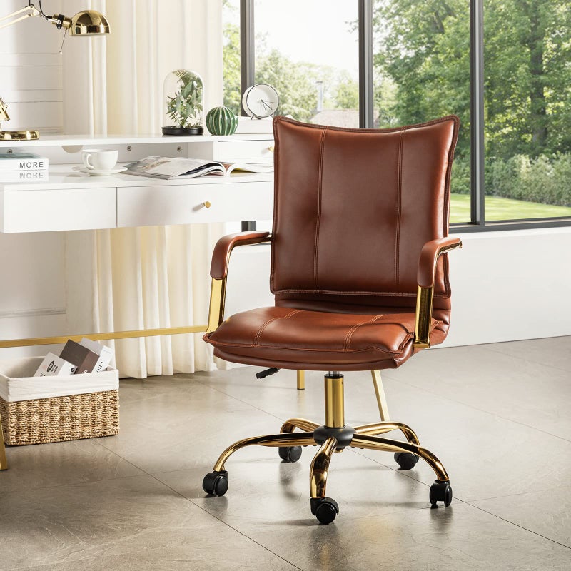 HULALA HOME Faux Leather Home Office Desk Chair Adjustable Swivel Computer Chair with Golden Legs and Arms Comfy Upholstered Task Chair Brown