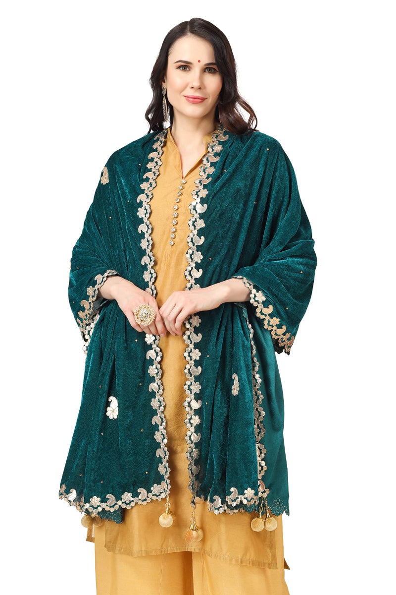 A R Silk Women's Rama Green Velvet Stone Work & Four Side Gotta Patti Work With Latcan Fancy Dupatta(ARS0747) - Image 4