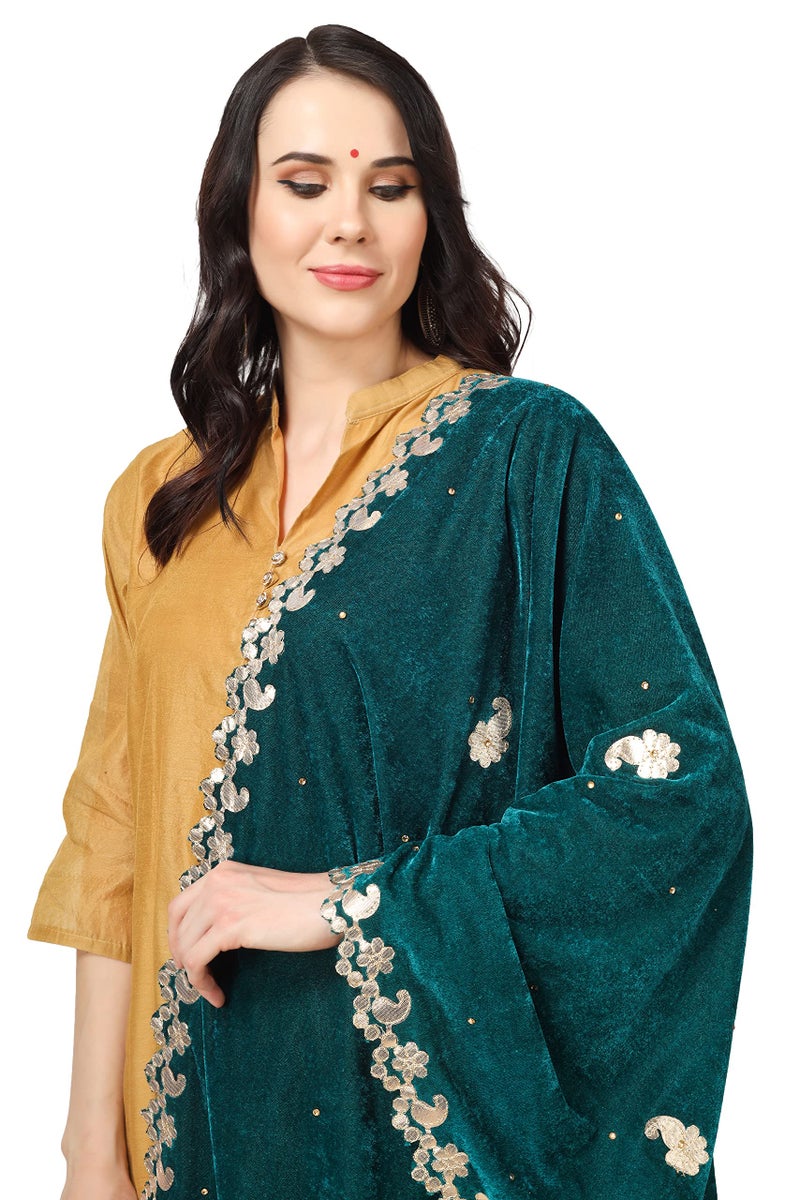 A R Silk Women's Rama Green Velvet Stone Work & Four Side Gotta Patti Work With Latcan Fancy Dupatta(ARS0747) - Image 3