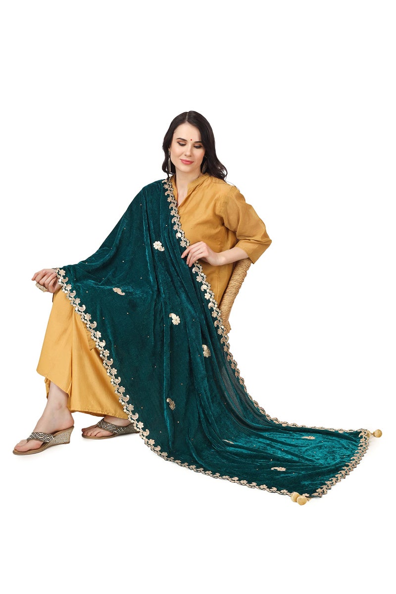 A R Silk Women's Rama Green Velvet Stone Work & Four Side Gotta Patti Work With Latcan Fancy Dupatta(ARS0747) - Image 5