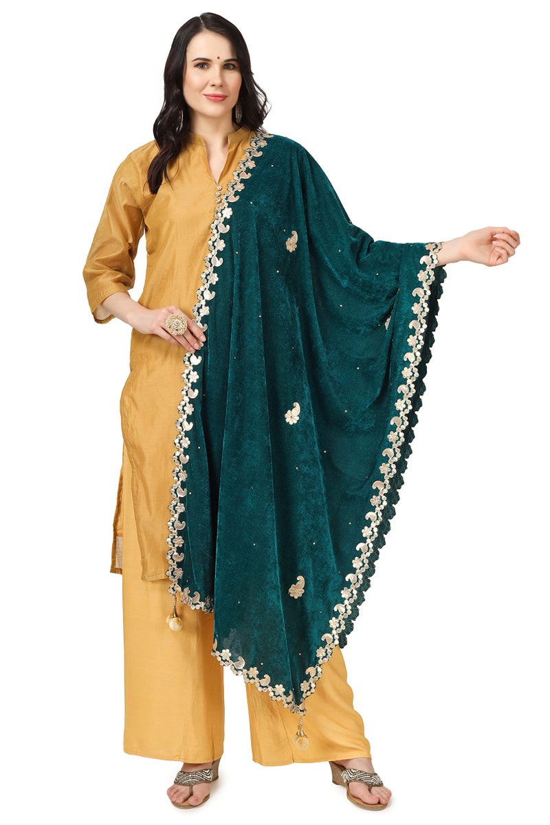 A R Silk Women's Rama Green Velvet Stone Work & Four Side Gotta Patti Work With Latcan Fancy Dupatta(ARS0747) - Image 1