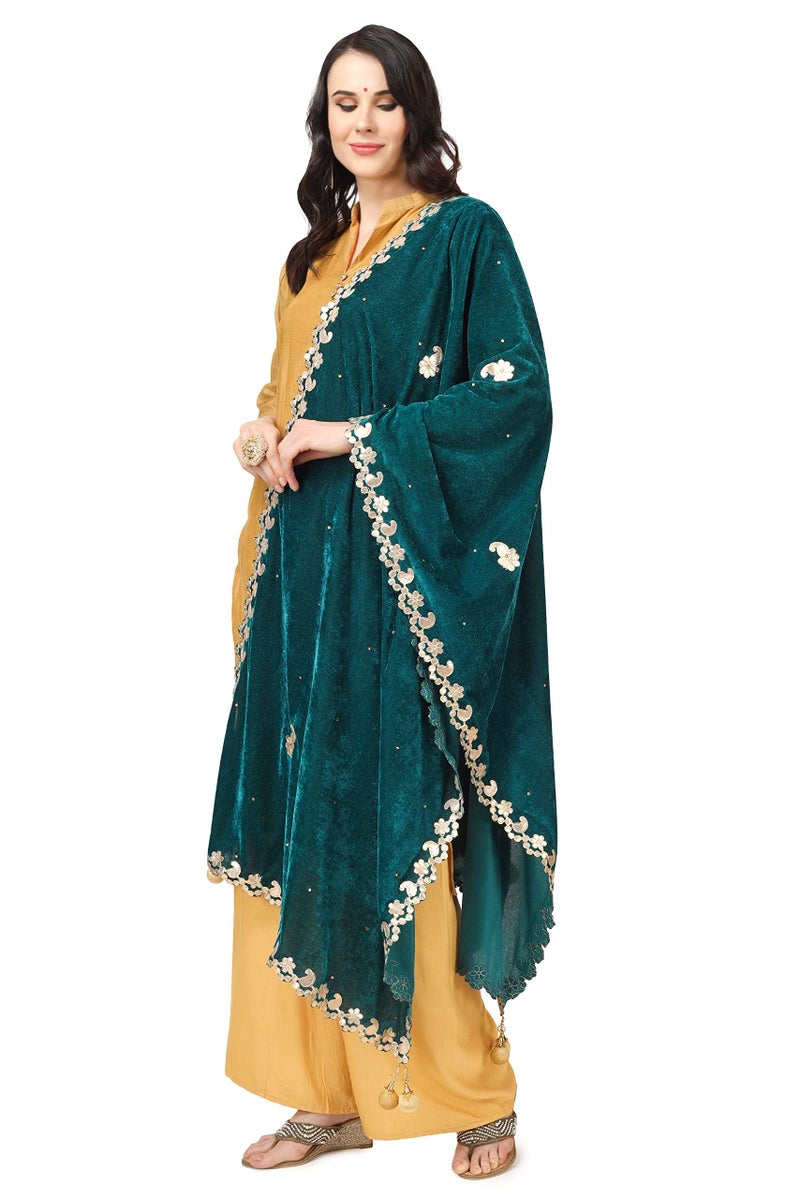 A R Silk Women's Rama Green Velvet Stone Work & Four Side Gotta Patti Work With Latcan Fancy Dupatta(ARS0747) - Image 2