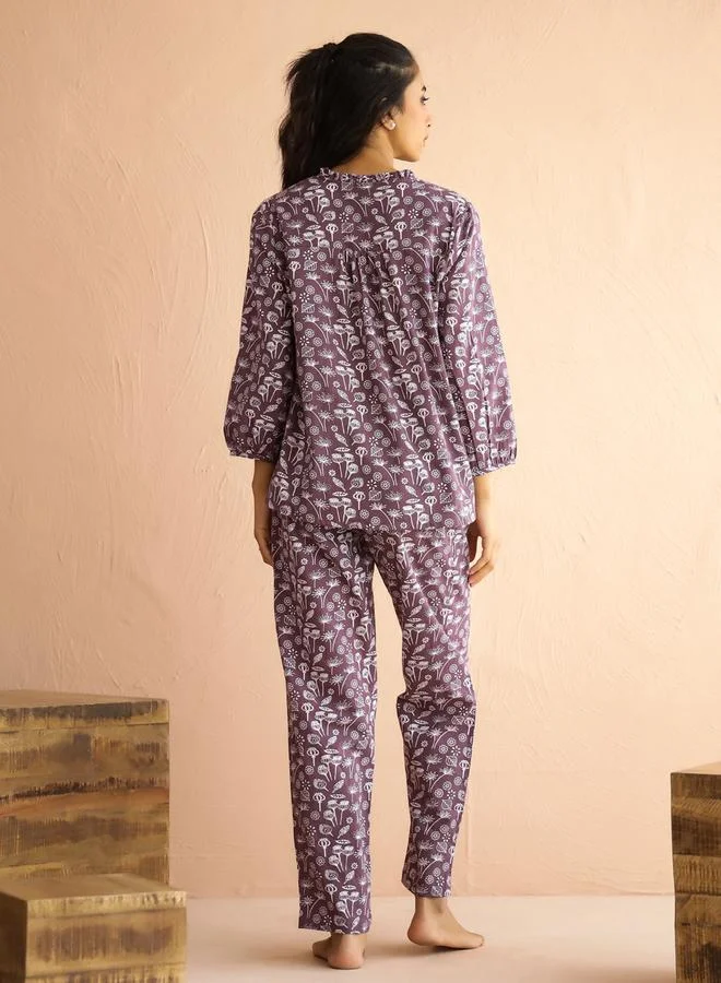 sanskrutihomes Mauve Floral V Neck Cotton Top and Pyjama Set