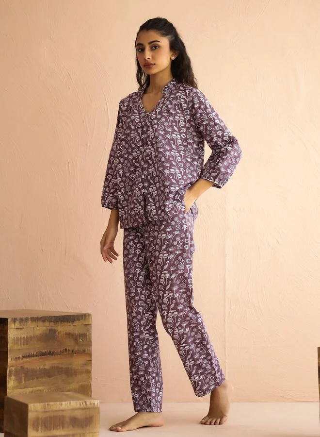 sanskrutihomes Mauve Floral V Neck Cotton Top and Pyjama Set