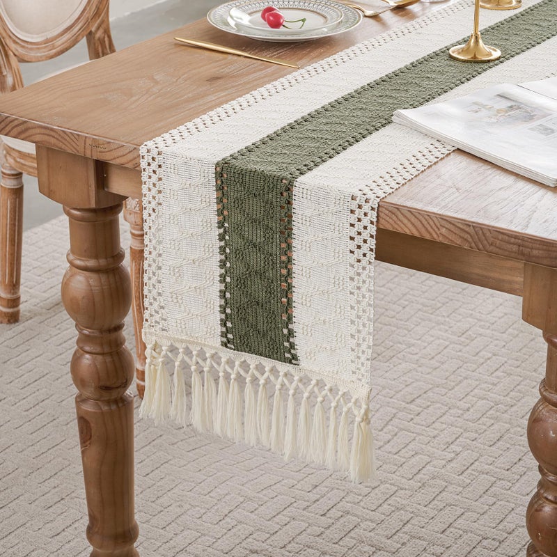 duduta Sage Green Boho Macrame Table Runner 12 x 72 inch, Farmhouse Dresser Cabinet Runner Table Covers Decor with Tassels - Image 1