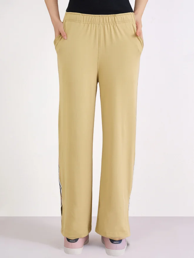 Styli Styli Beige Wide Leg Joggers with Taping Detail