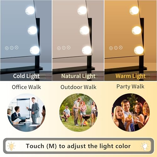 Kotdning Vanity Mirror with Lights,Lighted Vanity Mirror with 9 Dimmable Bulbs for Dressing Room & Bedroom,3 Color Lighting,Modes Detachable 10x Magnification 360°Ratation (Black) 12" L x 14.4" W - Image 2