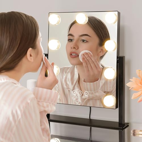 Kotdning Vanity Mirror with Lights,Lighted Vanity Mirror with 9 Dimmable Bulbs for Dressing Room & Bedroom,3 Color Lighting,Modes Detachable 10x Magnification 360°Ratation (Black) 12" L x 14.4" W - Image 4