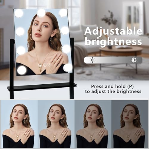 Kotdning Vanity Mirror with Lights,Lighted Vanity Mirror with 9 Dimmable Bulbs for Dressing Room & Bedroom,3 Color Lighting,Modes Detachable 10x Magnification 360°Ratation (Black) 12" L x 14.4" W - Image 3