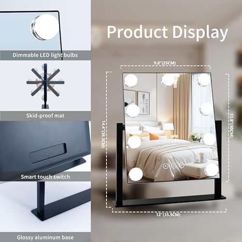 Kotdning Vanity Mirror with Lights,Lighted Vanity Mirror with 9 Dimmable Bulbs for Dressing Room & Bedroom,3 Color Lighting,Modes Detachable 10x Magnification 360°Ratation (Black) 12" L x 14.4" W - Image 5