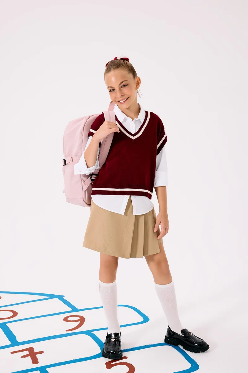 Defacto Girl Gabardine Elastic Waist Pleated Skirt