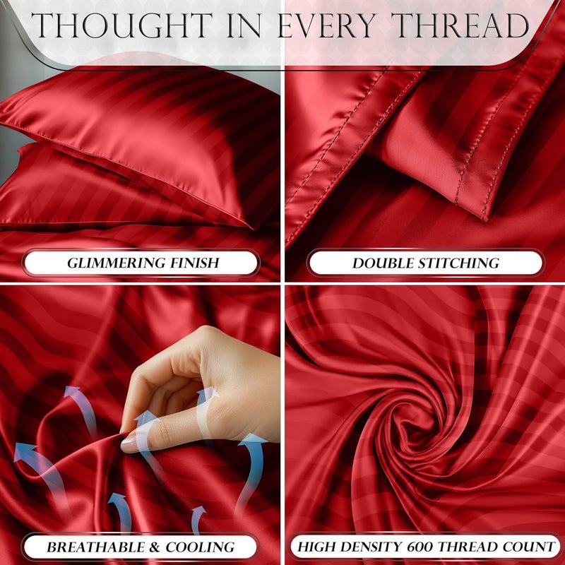 DECOLURE Satin Bed Sheets - 4 Piece Luxury Silky Queen Size Bedding Set - Softer Than Silk, Wrinkle-Free with 15” Deep Pocket Fitted Sheet, Perfect for Hair & Skin, Gifts for Women (Striped Red) - Image 3