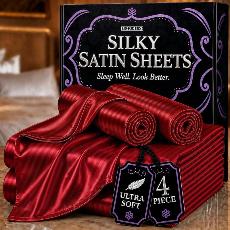 DECOLURE Satin Bed Sheets - 4 Piece Luxury Silky Queen Size Bedding Set - Softer Than Silk, Wrinkle-Free with 15” Deep Pocket Fitted Sheet, Perfect for Hair & Skin, Gifts for Women (Striped Red) - Image 1