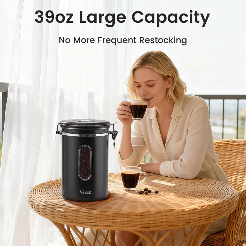 Veken Large Coffee Canister with Window, Kitchen Food Storage Airtight Stainless Steel Container for 2.2lbs Coffee Beans, Grounds, Rice,Tea, Flour, Cereal, Sugar Jars,Date Tracker and Scoop 39oz,Black - Image 2