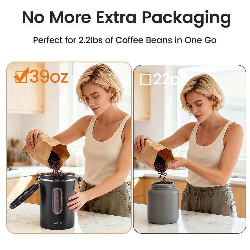 Veken Large Coffee Canister with Window, Kitchen Food Storage Airtight Stainless Steel Container for 2.2lbs Coffee Beans, Grounds, Rice,Tea, Flour, Cereal, Sugar Jars,Date Tracker and Scoop 39oz,Black - Image 3