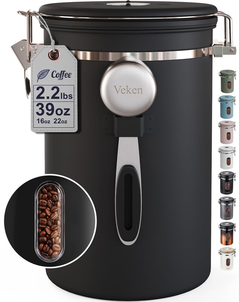 Veken Large Coffee Canister with Window, Kitchen Food Storage Airtight Stainless Steel Container for 2.2lbs Coffee Beans, Grounds, Rice,Tea, Flour, Cereal, Sugar Jars,Date Tracker and Scoop 39oz,Black - Image 1