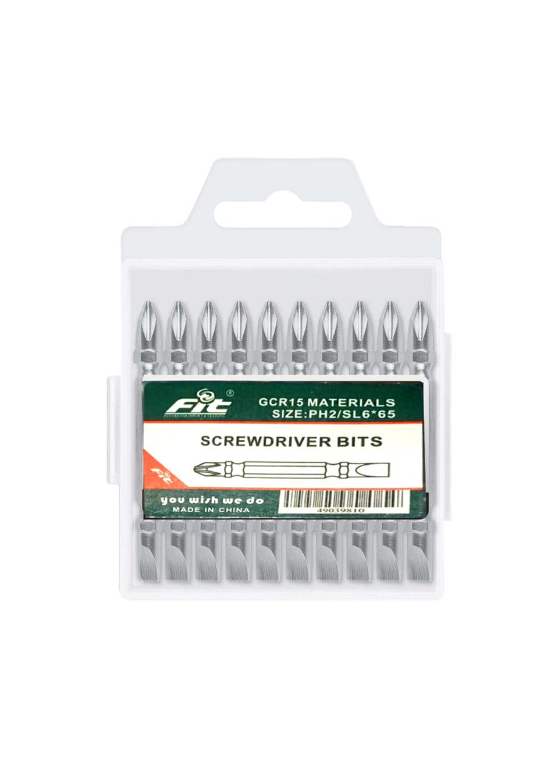 FIT Double-Ended Screwdriver Bit Set (Flat & Phillips) – PH2, 6cm, CRV – 10 Pieces – Model 49039810