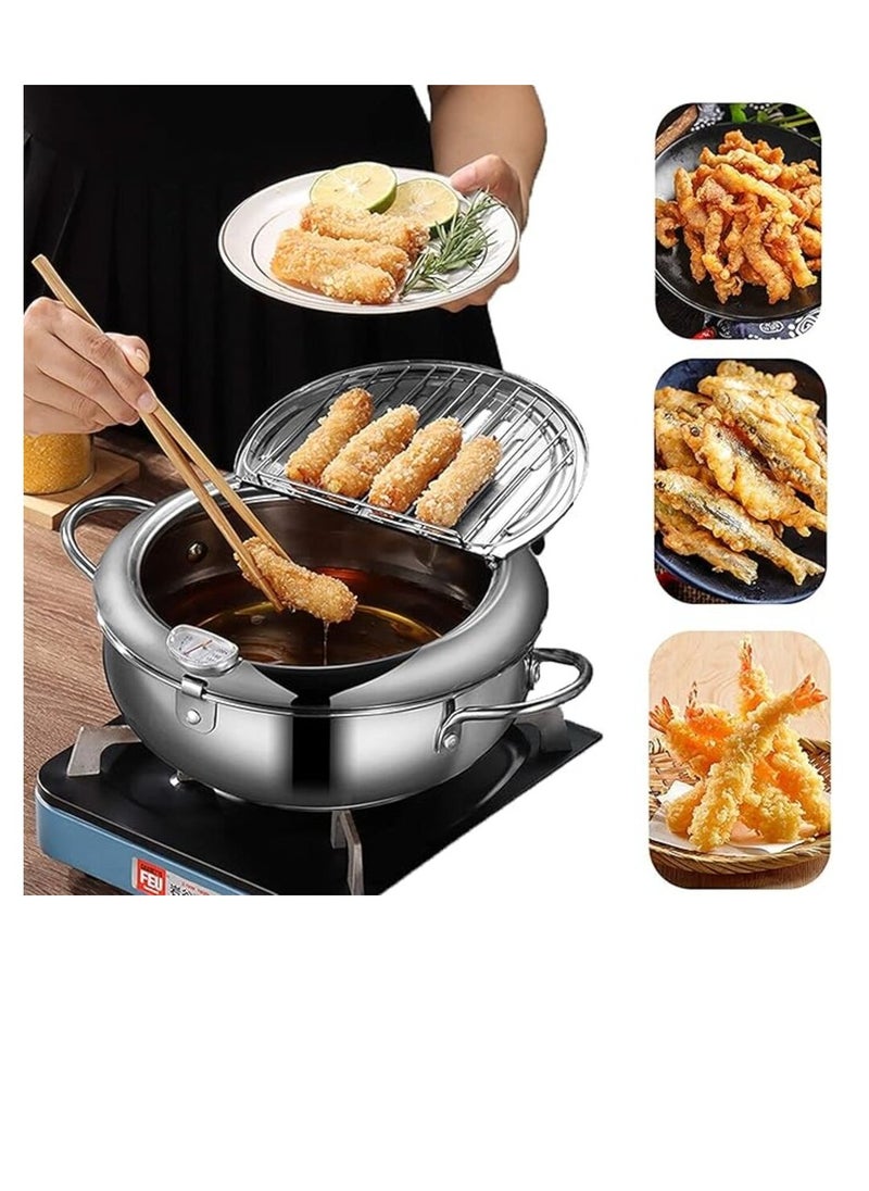 eBasket Deep Fryer Pot, Mini Stainless Steel Deep Fryer Pot with Thermometer, Lid and Oil Drain Rack for French Fries, Chicken Wings, Shrimp and All Fries (24cm/9.4in)  - Image 1