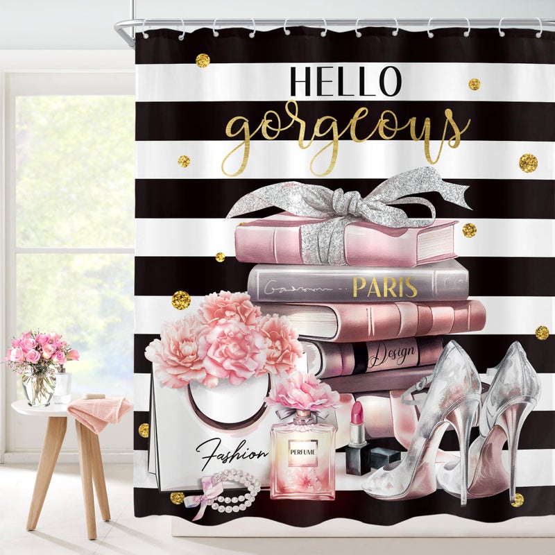 Cinbloo Black and Pink Shower Curtain 60Wx72H Fashion Black White Girly Shower Curtain for Girl Women Modern Flower Floral Perfume Striped High Heels Magazine Books Fabric Bathroom Decor with 12 Hooks - Image 1