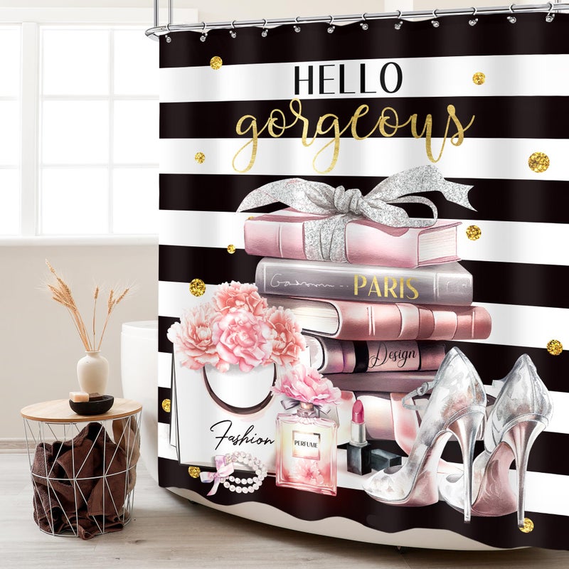 Cinbloo Black and Pink Shower Curtain 60Wx72H Fashion Black White Girly Shower Curtain for Girl Women Modern Flower Floral Perfume Striped High Heels Magazine Books Fabric Bathroom Decor with 12 Hooks - Image 2