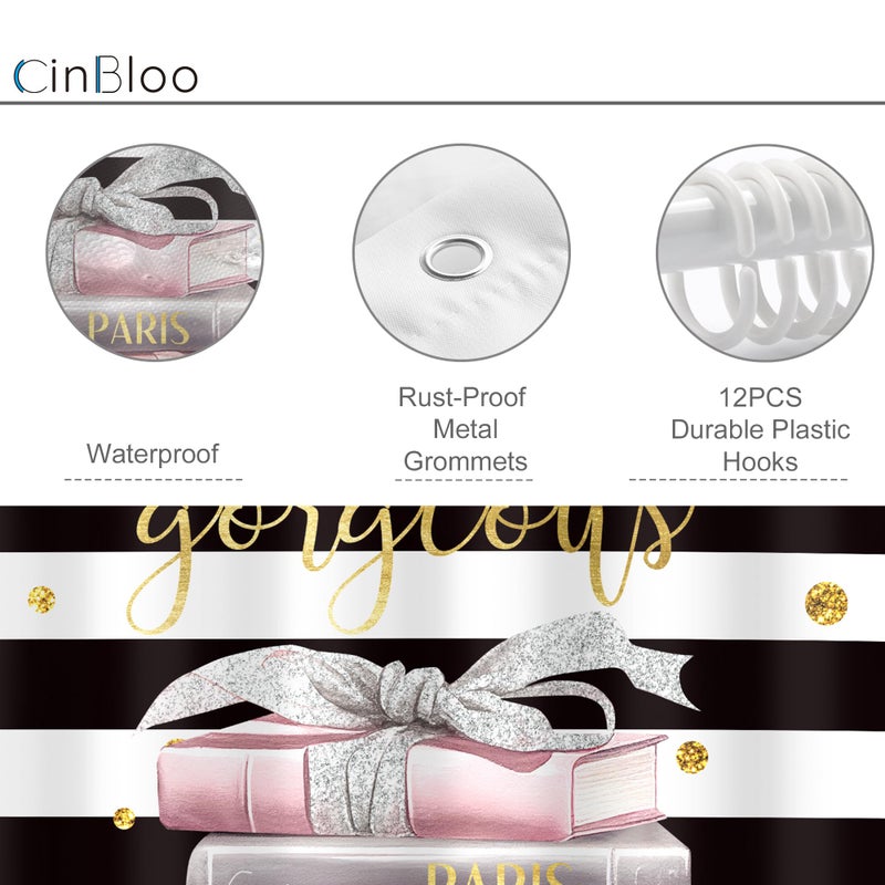 Cinbloo Black and Pink Shower Curtain 60Wx72H Fashion Black White Girly Shower Curtain for Girl Women Modern Flower Floral Perfume Striped High Heels Magazine Books Fabric Bathroom Decor with 12 Hooks - Image 4