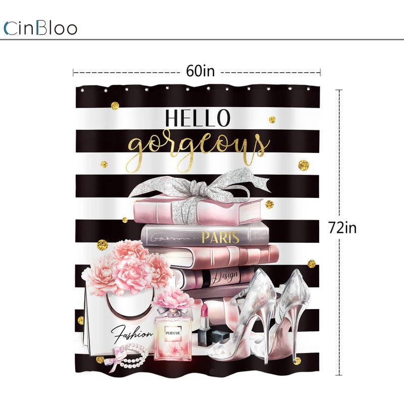 Cinbloo Black and Pink Shower Curtain 60Wx72H Fashion Black White Girly Shower Curtain for Girl Women Modern Flower Floral Perfume Striped High Heels Magazine Books Fabric Bathroom Decor with 12 Hooks - Image 3
