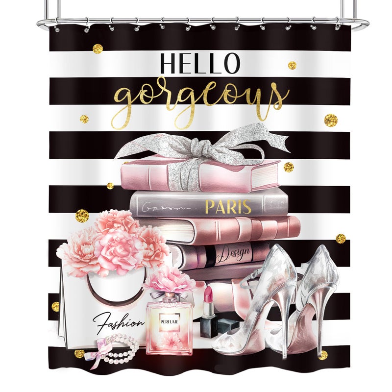 Cinbloo Black and Pink Shower Curtain 60Wx72H Fashion Black White Girly Shower Curtain for Girl Women Modern Flower Floral Perfume Striped High Heels Magazine Books Fabric Bathroom Decor with 12 Hooks - Image 5