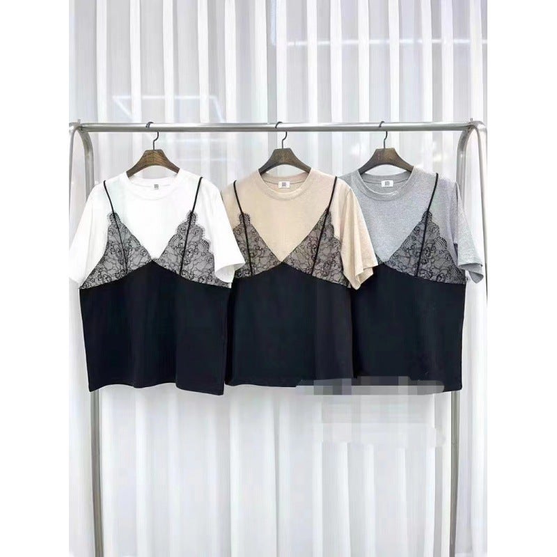 Multiplication 2024 Korean Spring Dongdaemun Lace Pattern Sling Fake Two-Piece Short-Sleeved T-Shirt - Image 1