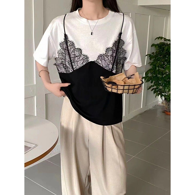 Multiplication 2024 Korean Spring Dongdaemun Lace Pattern Sling Fake Two-Piece Short-Sleeved T-Shirt - Image 2