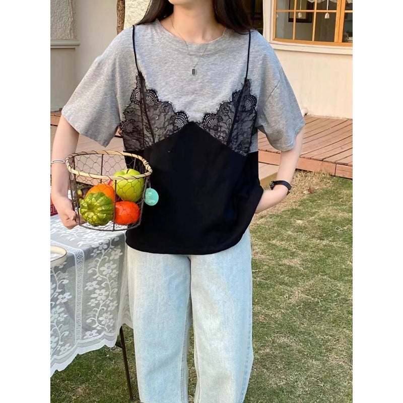 Multiplication 2024 Korean Spring Dongdaemun Lace Pattern Sling Fake Two-Piece Short-Sleeved T-Shirt - Image 3