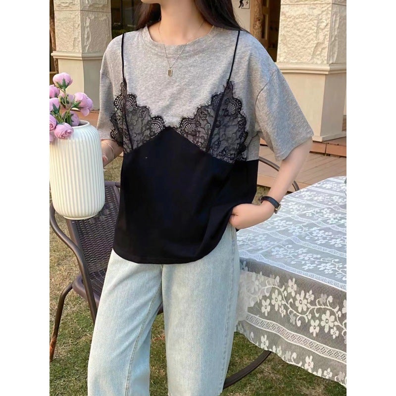 Multiplication 2024 Korean Spring Dongdaemun Lace Pattern Sling Fake Two-Piece Short-Sleeved T-Shirt - Image 5