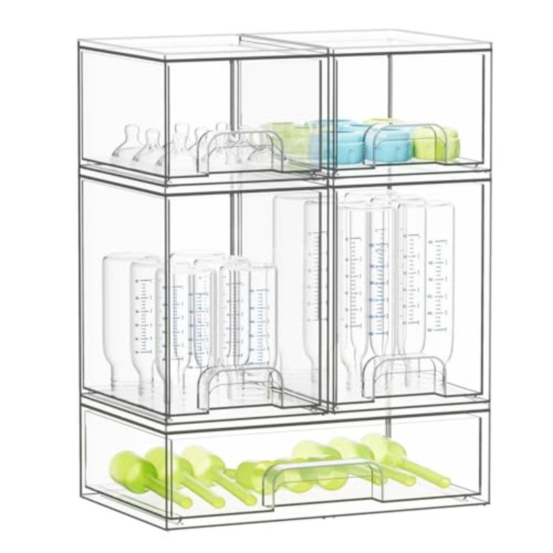 Baby Bottle Organizer, Acrylic Stackable Clear Storage Drawers for Nursery, Countertop, Vanity, Bathroom, Cabinet and Pantry - 5 Pack 2 Small, 2 Medium, 1 Large,Space-Saving Storage Container - Image 1