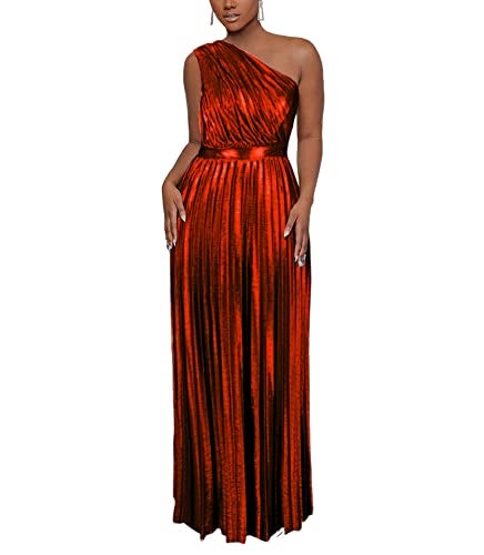 AOMEI Women's Wine Luxury Metallic One Shoulder Sleeveless Elegant Pleated Long Dress (XXXL,3X-Large) - Image 1