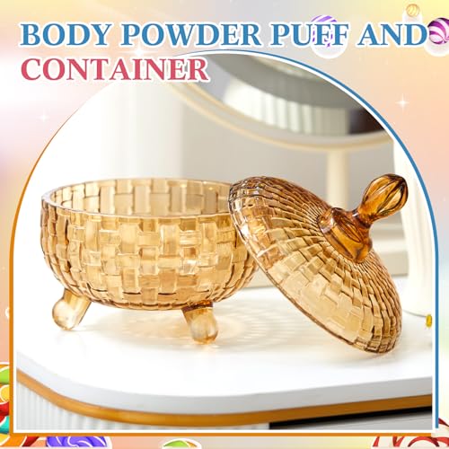 Tioncy 2 Pcs Extra Large Dusting Powder Puff and Container for Women6 Glass Crystal Dusting Powder Container with Body Soft Washable Reusable Velour FaceAmberWeave Design - Image 3