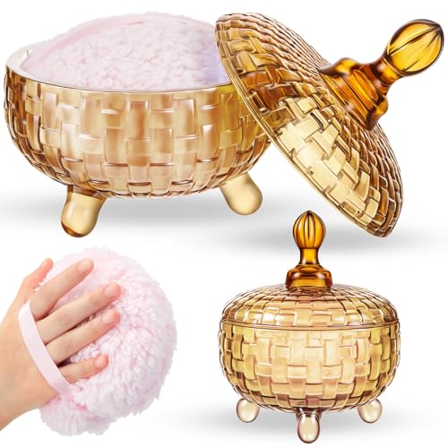 Tioncy 2 Pcs Extra Large Dusting Powder Puff and Container for Women6 Glass Crystal Dusting Powder Container with Body Soft Washable Reusable Velour FaceAmberWeave Design - Image 1