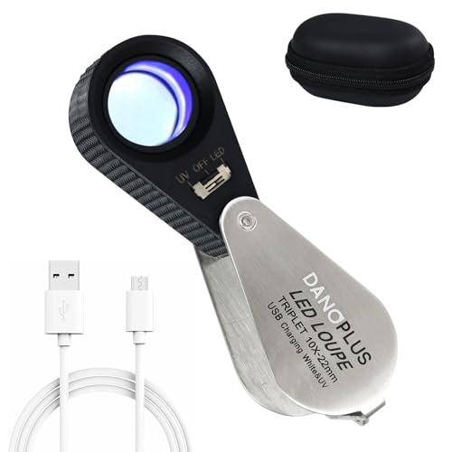 DANOPLUS 10x Jewelers Loupe with UV & LED Lights, Rechargeable 10x Loupe Magnifier 22mm Optical Glass Triplet Lens Jewelry Loupe, Foldaway Magnification for Jewelry Rocks Coins - Image 1