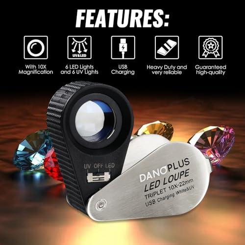 DANOPLUS 10x Jewelers Loupe with UV & LED Lights, Rechargeable 10x Loupe Magnifier 22mm Optical Glass Triplet Lens Jewelry Loupe, Foldaway Magnification for Jewelry Rocks Coins - Image 2
