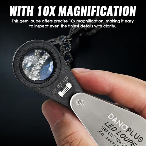 DANOPLUS 10x Jewelers Loupe with UV & LED Lights, Rechargeable 10x Loupe Magnifier 22mm Optical Glass Triplet Lens Jewelry Loupe, Foldaway Magnification for Jewelry Rocks Coins - Image 4