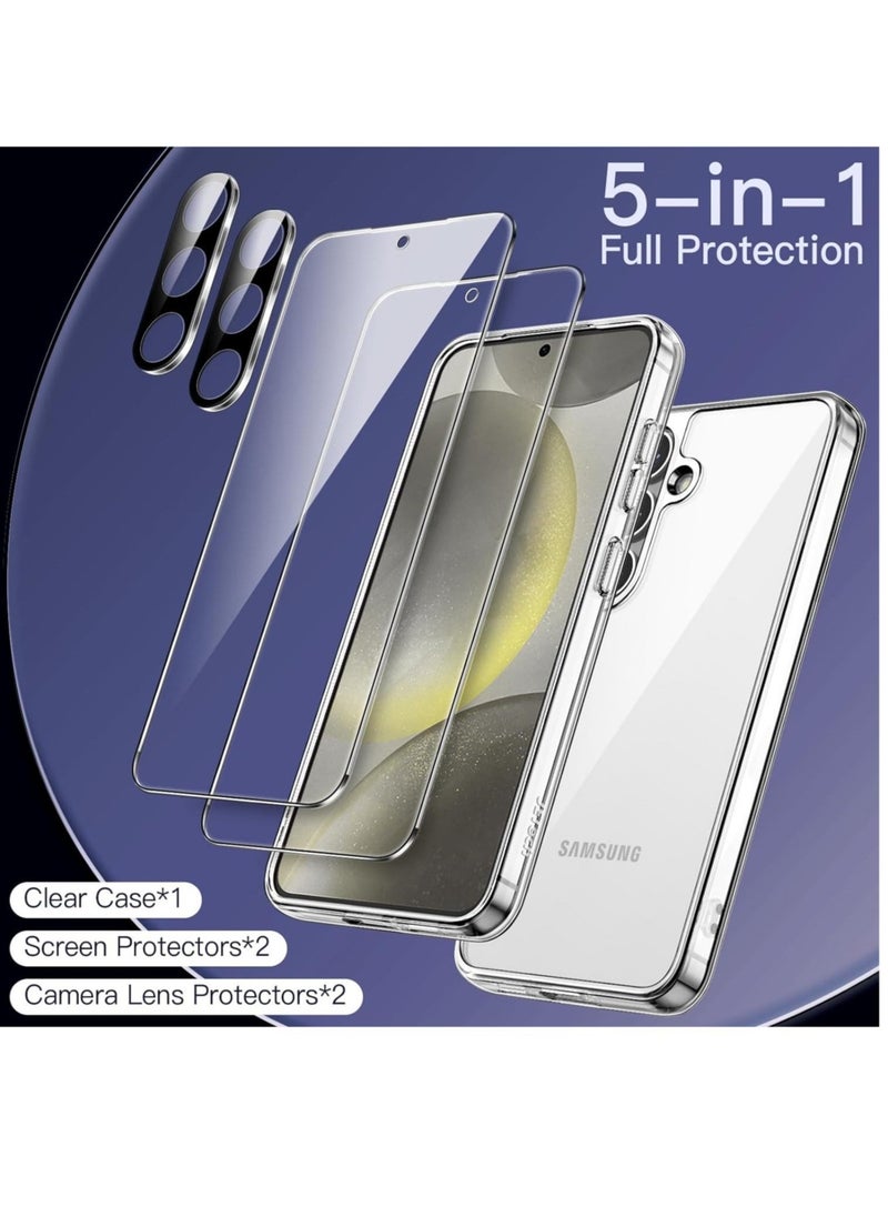 Raxoom 5 in 1 Case for Samsung Galaxy S24 5G with 2-Pack Each Tempered Glass Screen Protector and Camera Lens Protector, Non-Yellowing Shockproof Bumper Phone Cover (Clear) - Image 1