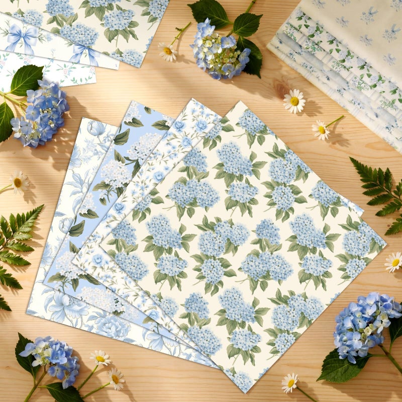 Tudomro 100 Pcs Blue Floral Fabric Squares Bundles 10 x 10 Inch Cotton Hydrangea Quilting Fabric Blue Spring Flower Fat Quarters Printed Cloth Quilt Patchwork Material for Sewing DIY Crafts Supplies - Image 2