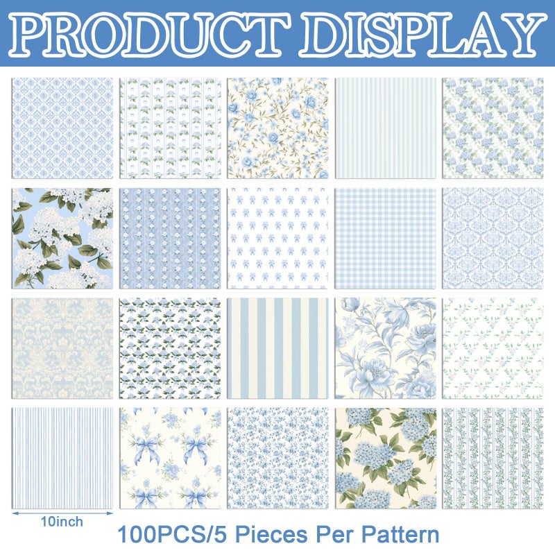 Tudomro 100 Pcs Blue Floral Fabric Squares Bundles 10 x 10 Inch Cotton Hydrangea Quilting Fabric Blue Spring Flower Fat Quarters Printed Cloth Quilt Patchwork Material for Sewing DIY Crafts Supplies - Image 4