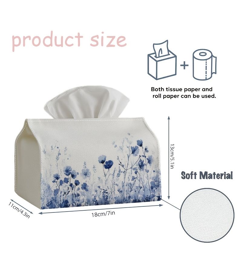 Light Blue White Wildflower Tissue Box With Checkered Lid 1 Pc 18cm Durable Fabric Storage For Kitchen Living Room Car Decor - Image 4