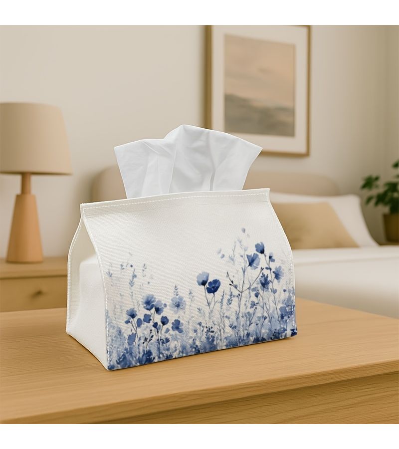 Light Blue White Wildflower Tissue Box With Checkered Lid 1 Pc 18cm Durable Fabric Storage For Kitchen Living Room Car Decor - Image 1