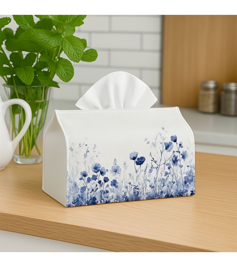 Light Blue White Wildflower Tissue Box With Checkered Lid 1 Pc 18cm Durable Fabric Storage For Kitchen Living Room Car Decor - Image 2