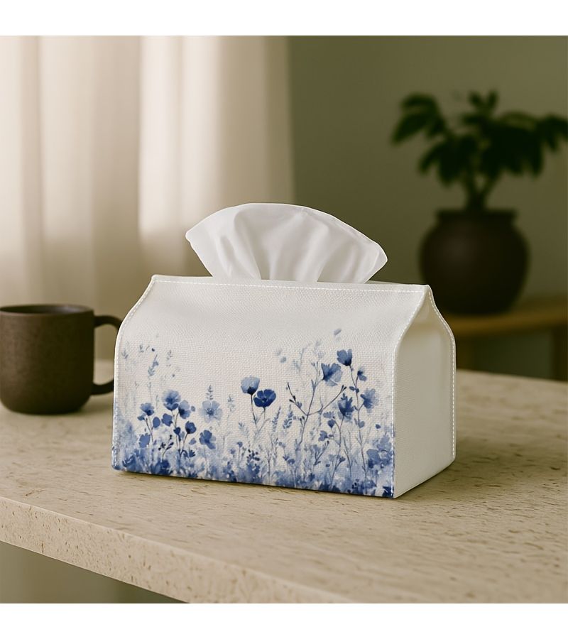 Light Blue White Wildflower Tissue Box With Checkered Lid 1 Pc 18cm Durable Fabric Storage For Kitchen Living Room Car Decor - Image 5