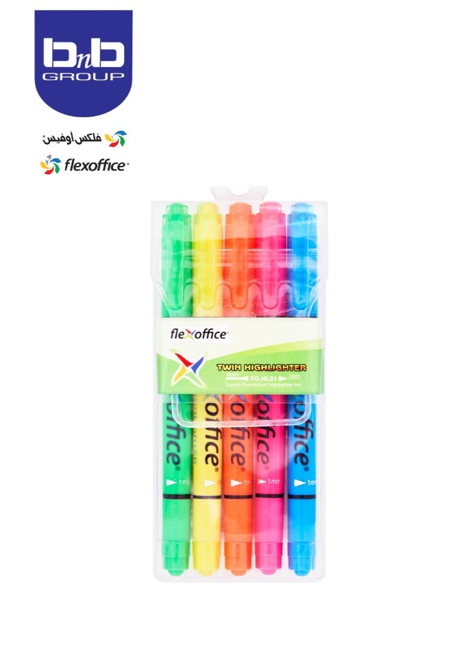 FLEXOFFICE Pack of 5 Double-Ended Highlighters - Pink - 4.0 mm and 1.0 mm - Image 1