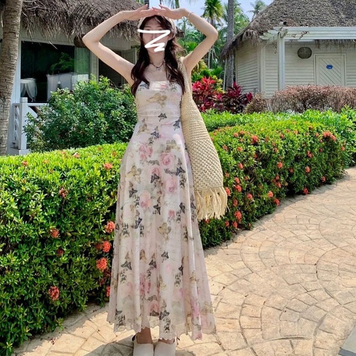 Tea Break French Style Elegant Waist A- Shaped Floral dress Childrens Summer Long Dress 2024 New Holiday Slip Dress As Shown