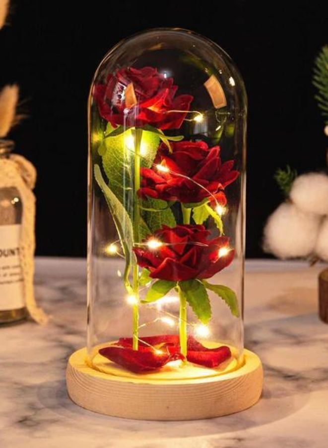 Rose Gift for Her Anniversary Birthday Party Beauty and The Beast Rose Flowers Artificial Rose Flower Gift on Preserved Rose Unique Gift for Wife, Petals Wooden Base - Image 1