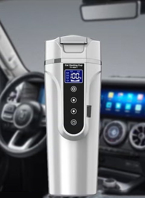 Car Heating Water Cup12v or 24V Car Heating Cup Car Heated Mug, 450ml Stainless Steel Travel Electric Coffee Cup Insulated Heated Thermos Mug Electric Kettle white