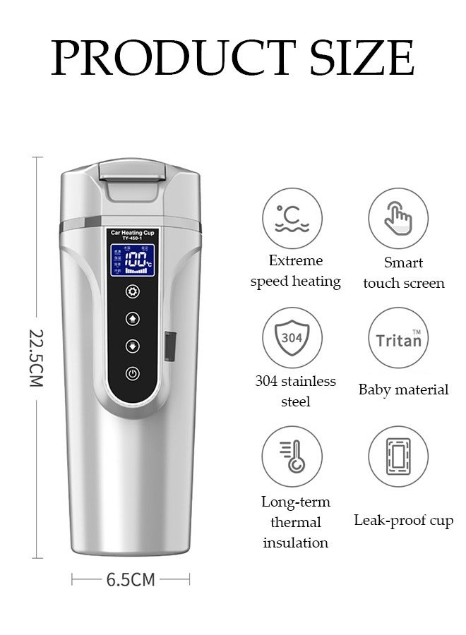 كوب تسخين الماء للسيارة 12 فولت أو 24 فولت كوب تسخين السيارة، كوب تسخين السيارة، 450 مل كوب قهوة كهربائي للسفر من الفولاذ المقاوم للصدأ معزول حراريًا، غلاية كهربائية بيضاء - Image 2